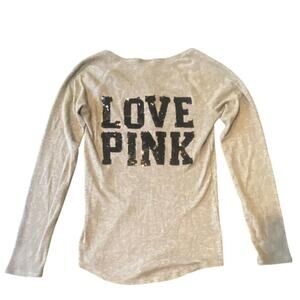 Victoria’s Secret PINK Gray Thermal Henley LOVE PINK Sequin Back Logo Size Large